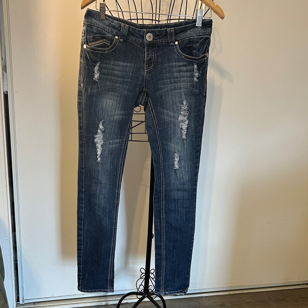 Hydraulic Distressed Blue Jeans for Junior Super Low Rise Size 5/6